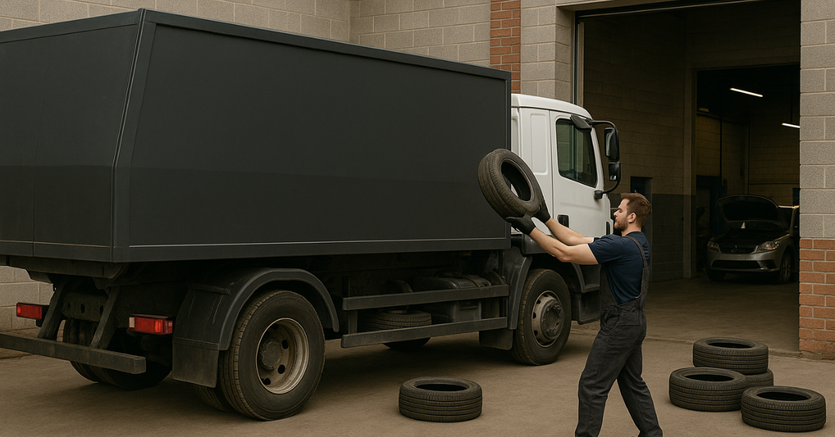 Camión de recogida de neumáticos al final de su vida útil para el reciclaje