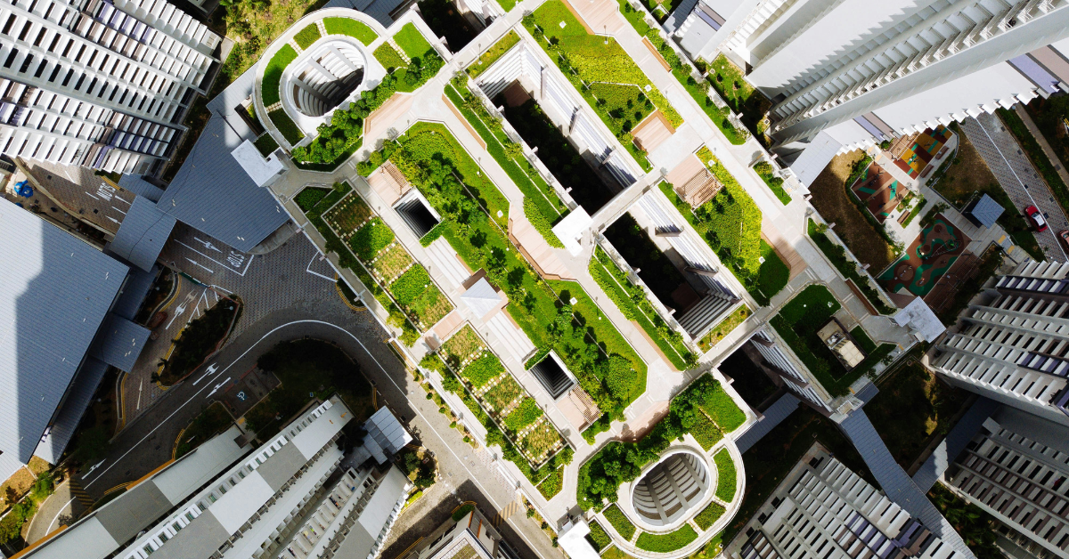 Edificio con vegetación en el techo