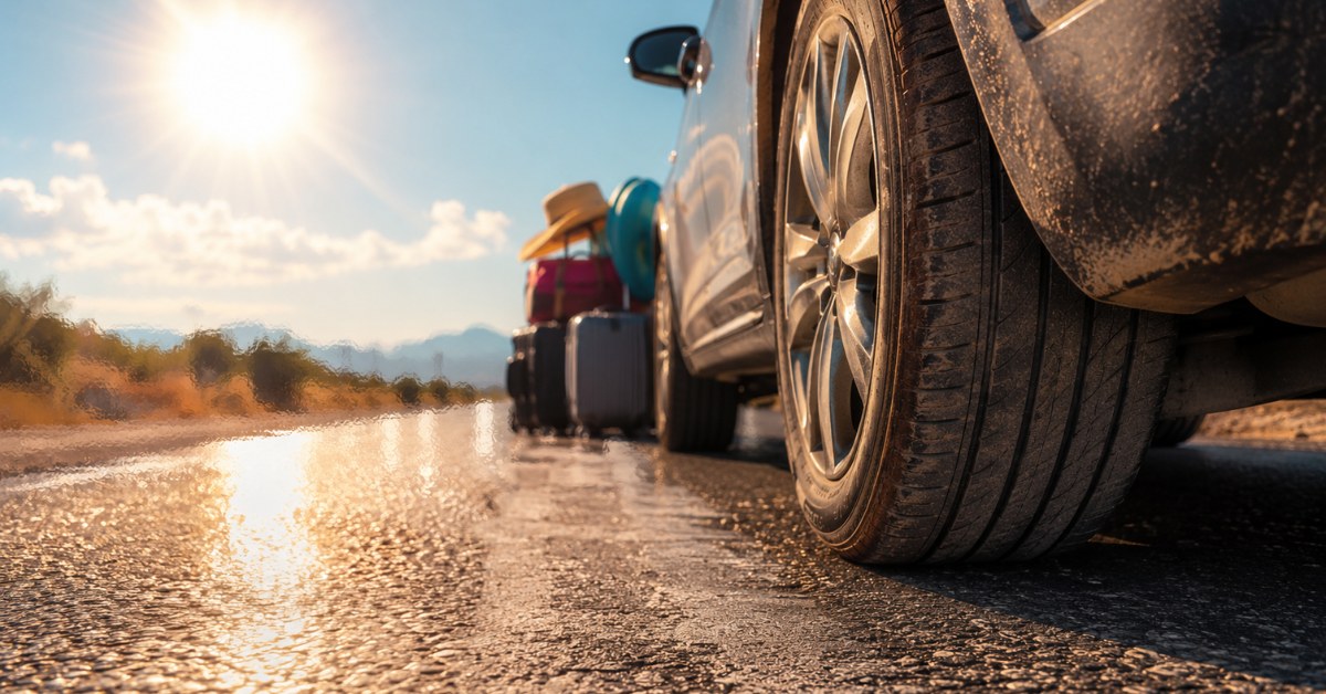 Coche en ola de calor preparando las vacaciones de verano con maletas