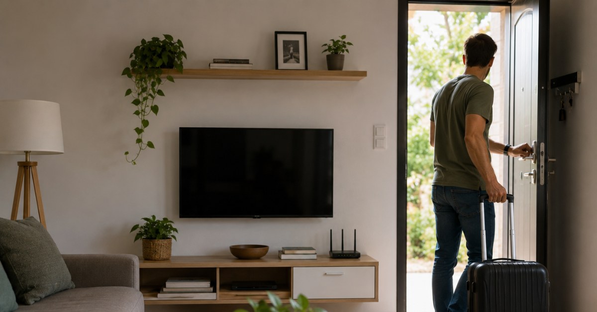 Hombre saliendo de su casa con maleta
