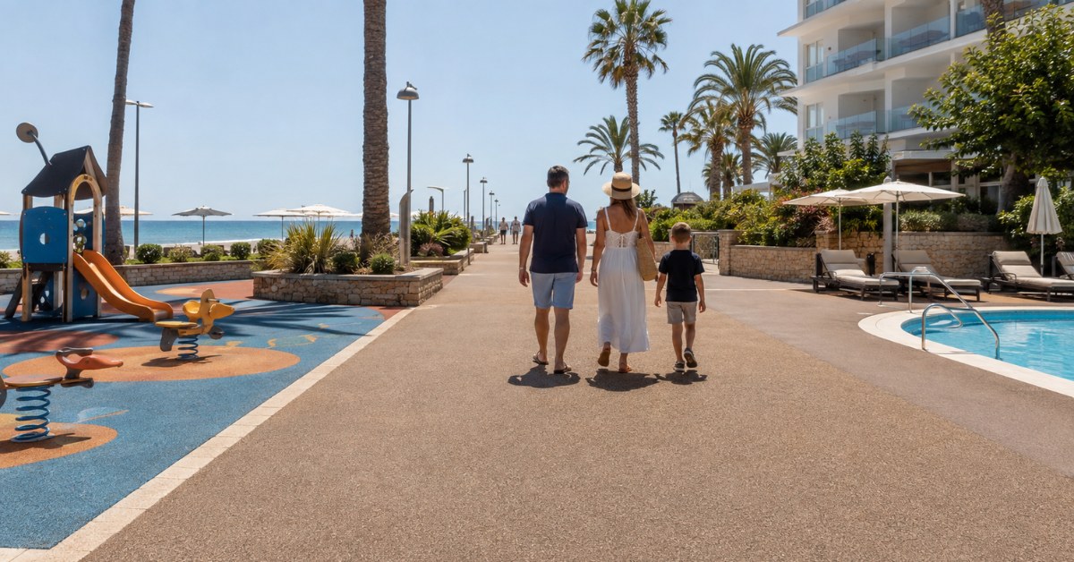 Familia paseando por hotel en la playa