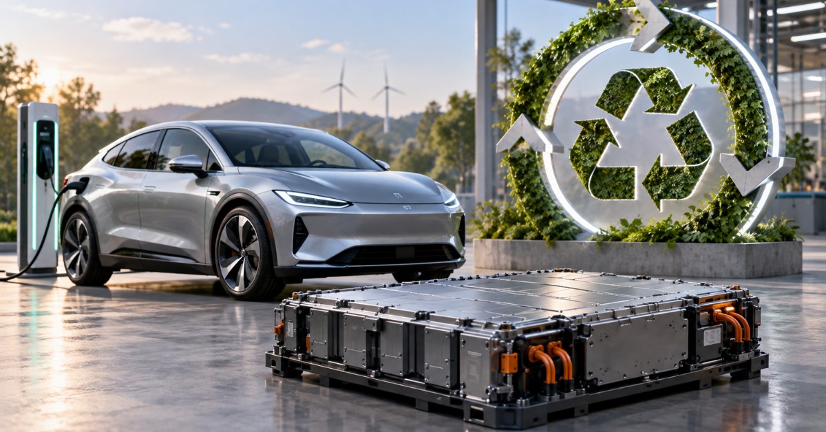 Coche eléctrico cargando, bateria y símbolo de reciclaje